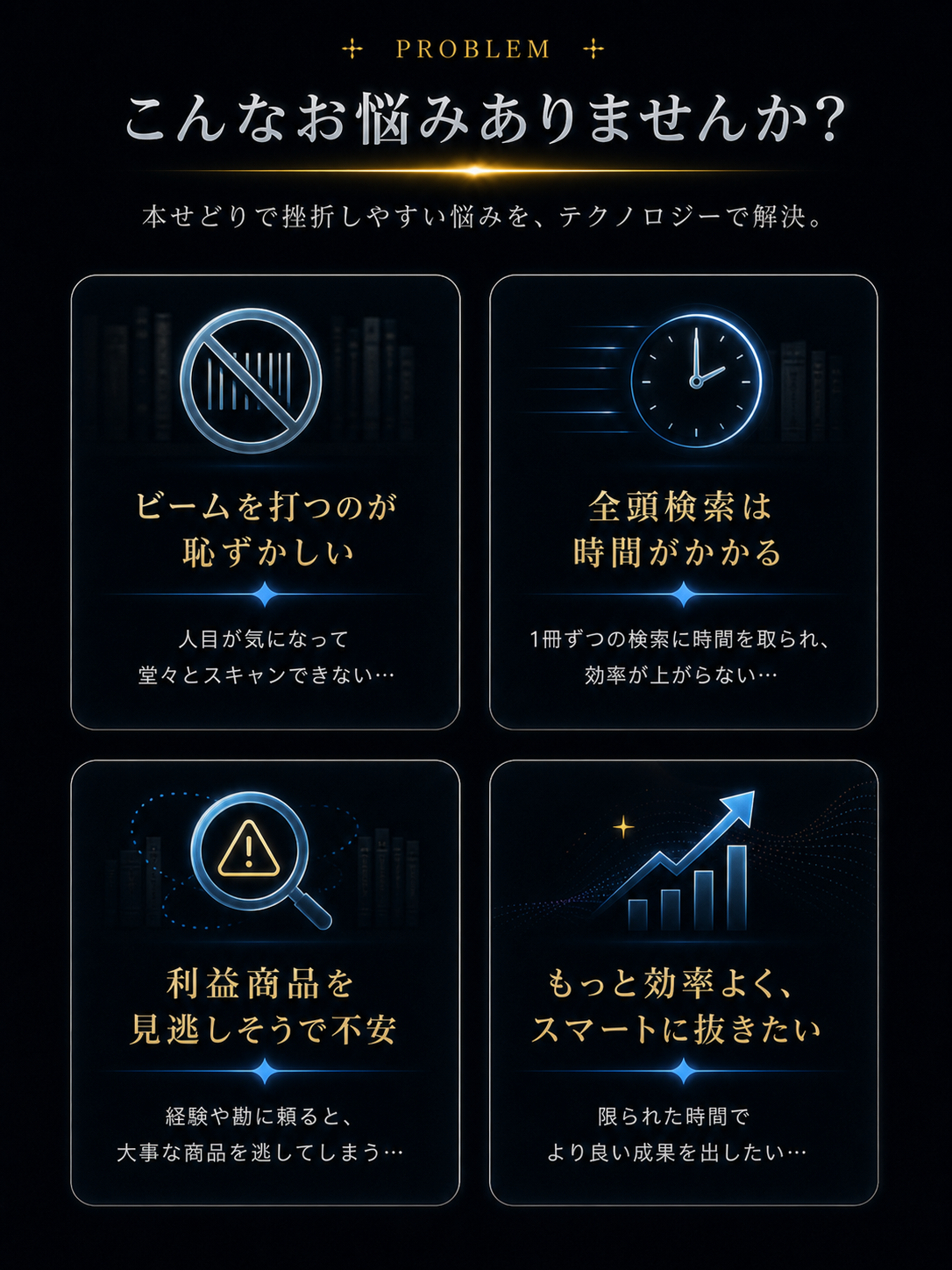 こんなお悩みありませんか。ビームを打つのが恥ずかしい、全頭検索は時間がかかる、利益商品を見逃しそうで不安、もっと効率よくスマートに抜きたい。